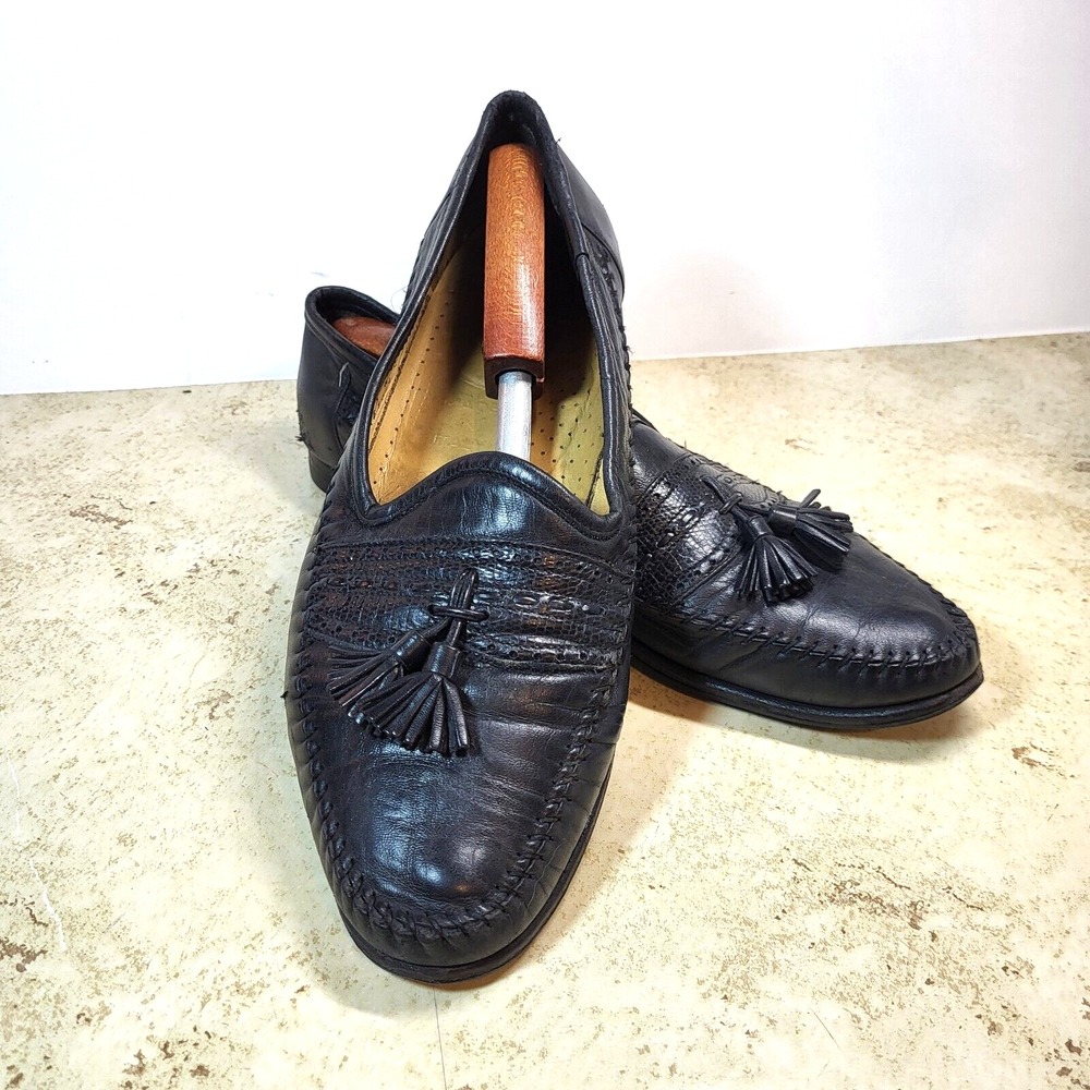 Santoni Black Loafer‎ Tassle Loafer Almond Toe Wrap Stitching Italy 11 1/2 D